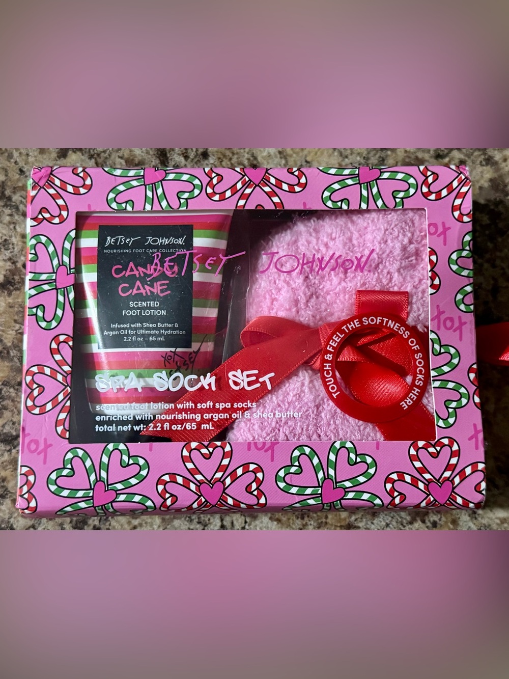 Betsey Johnson Candy Cane Scented Foot Lotion & Spa Sock Set - NEW